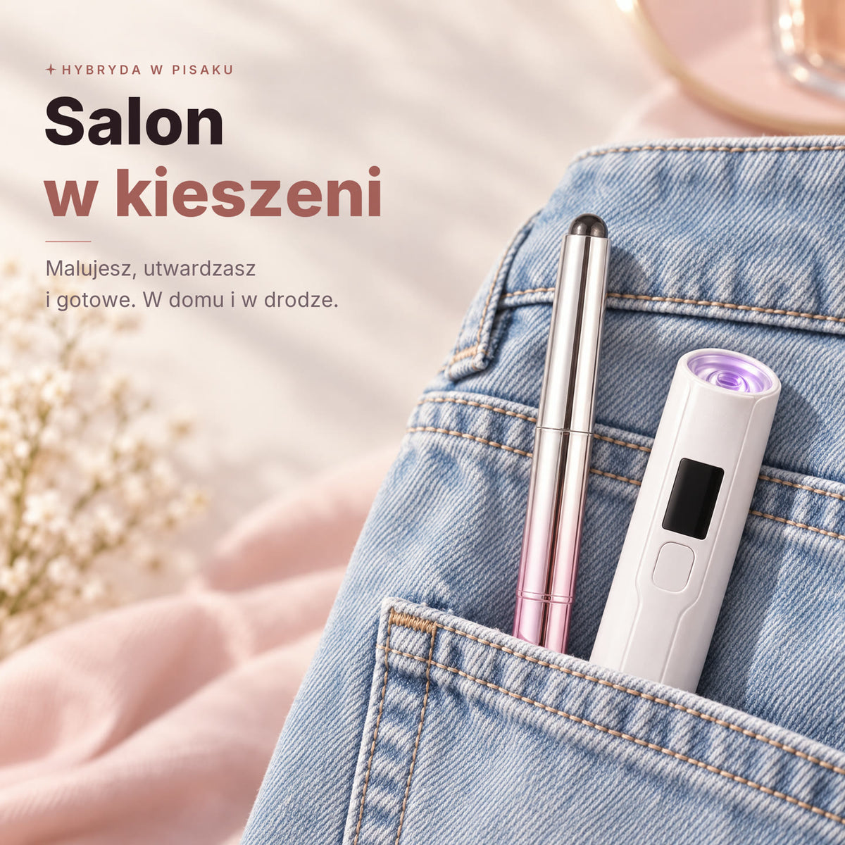 Pisak hybrydowy i mini lampka UV w kieszeni jeansow